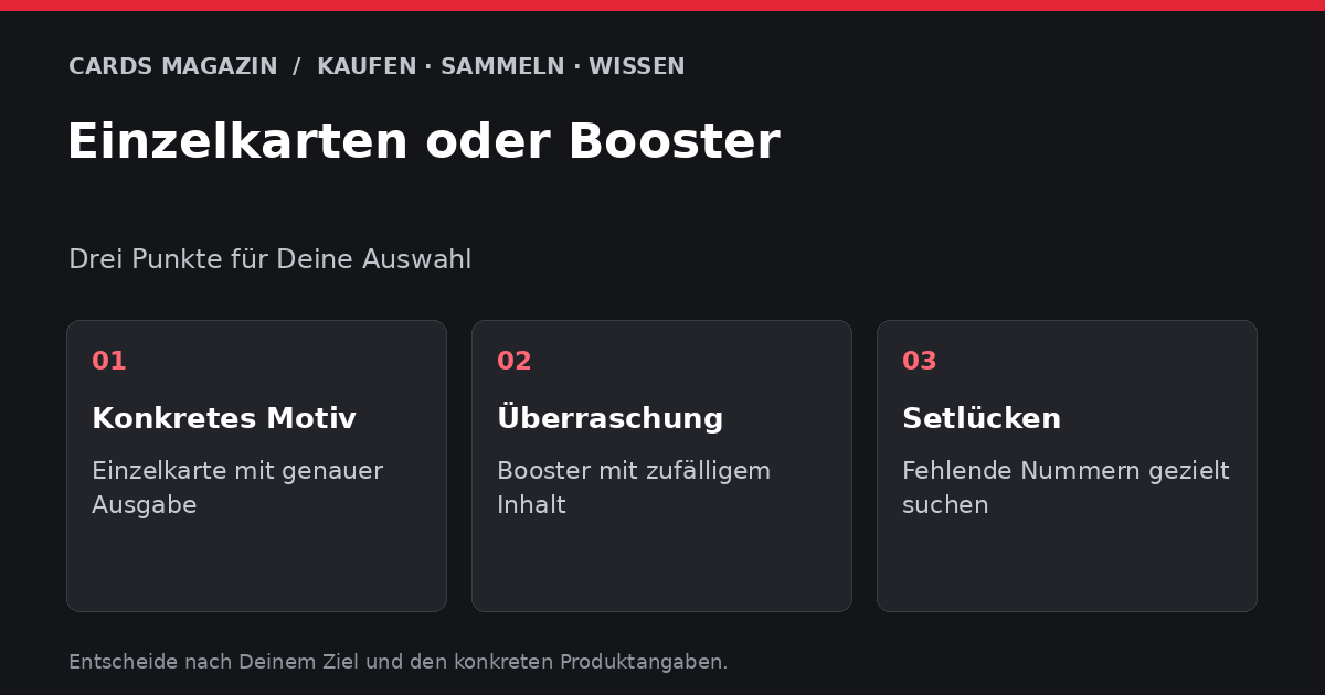 Einzelkarten oder Booster: Konkretes Motiv – Einzelkarte mit genauer Ausgabe; Überraschung – Booster mit zufälligem Inhalt; Setlücken – Fehlende Nummern gezielt suchen