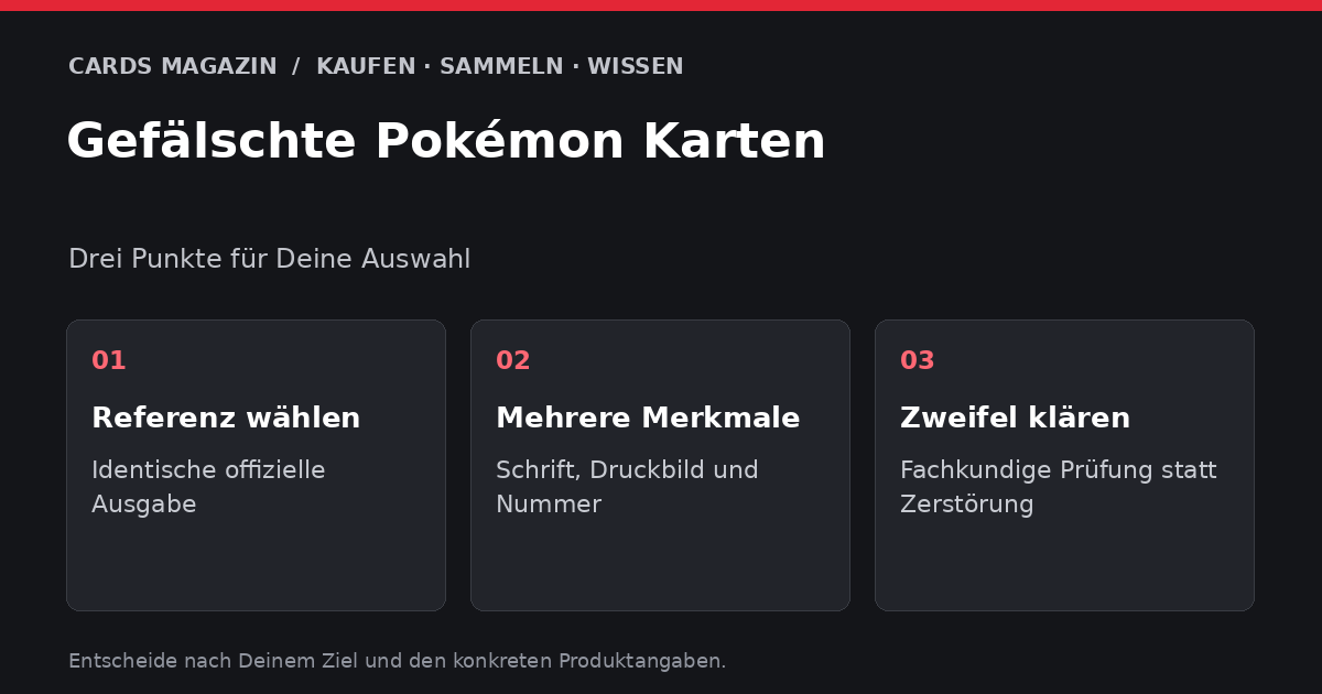 Gefälschte Pokémon Karten: Referenz wählen – Identische offizielle Ausgabe; Mehrere Merkmale – Schrift, Druckbild und Nummer; Zweifel klären – Fachkundige Prüfung statt Zerstörung