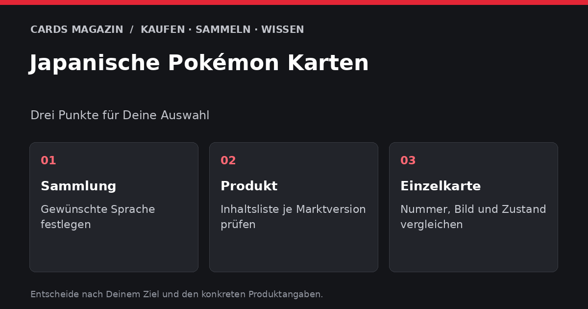 Japanische Pokémon Karten: Sammlung – Gewünschte Sprache festlegen; Produkt – Inhaltsliste je Marktversion prüfen; Einzelkarte – Nummer, Bild und Zustand vergleichen