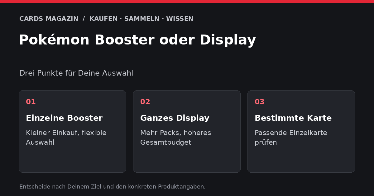 Pokémon Booster oder Display: Einzelne Booster – Kleiner Einkauf, flexible Auswahl; Ganzes Display – Mehr Packs, höheres Gesamtbudget; Bestimmte Karte – Passende Einzelkarte prüfen