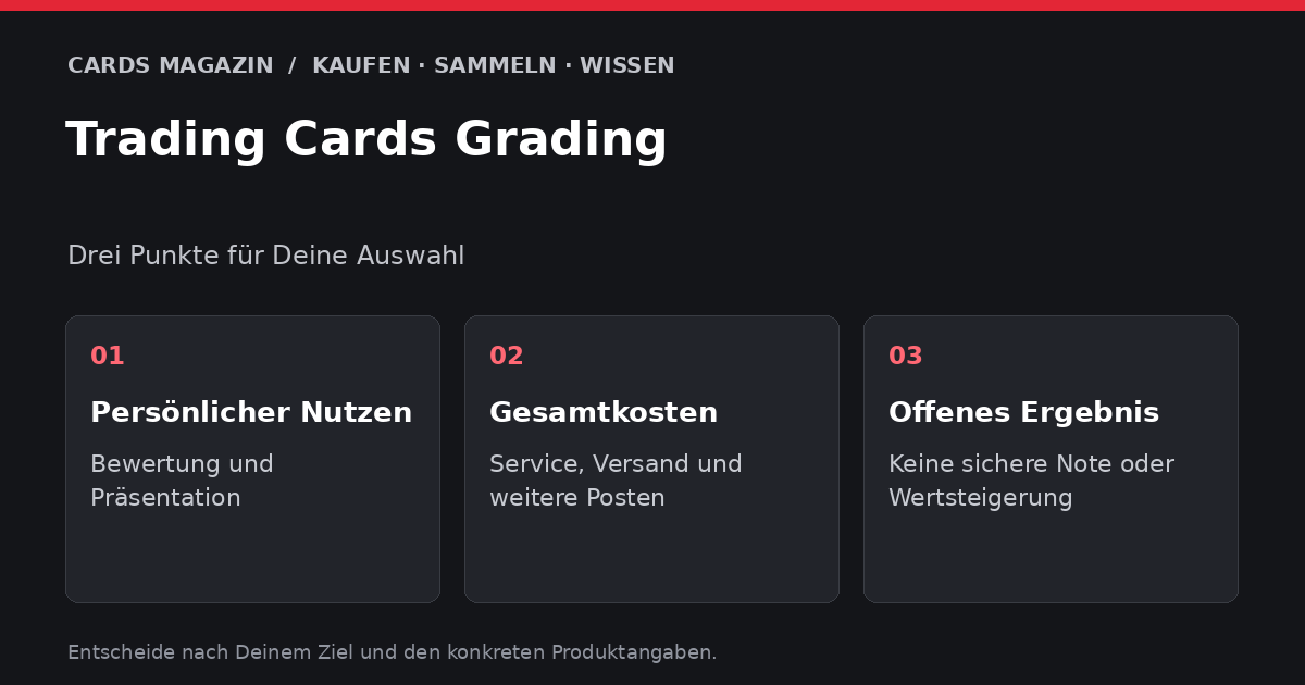 Trading Cards Grading: Persönlicher Nutzen – Bewertung und Präsentation; Gesamtkosten – Service, Versand und weitere Posten; Offenes Ergebnis – Keine sichere Note oder Wertsteigerung